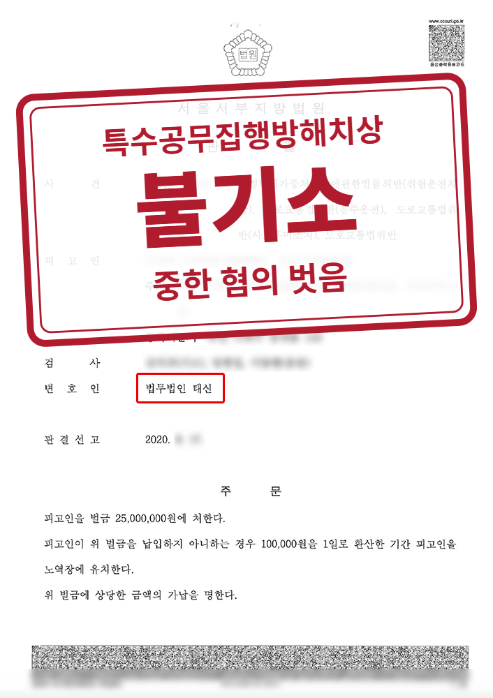 특수공무집행방해치상·특수공용물손괴 불기소 / 위험운전치상 등 벌금형 결정문(개인정보 가림 처리)