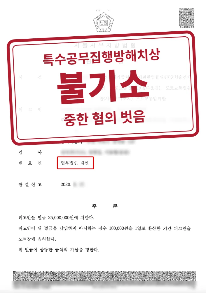 특수공무집행방해치상·특수공용물손괴 불기소 / 위험운전치상 등 벌금형 결정문(개인정보 가림 처리)