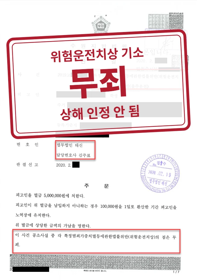 위험운전치상 무죄, 음주운전 벌금 500만 원 결정문(개인정보 가림 처리)