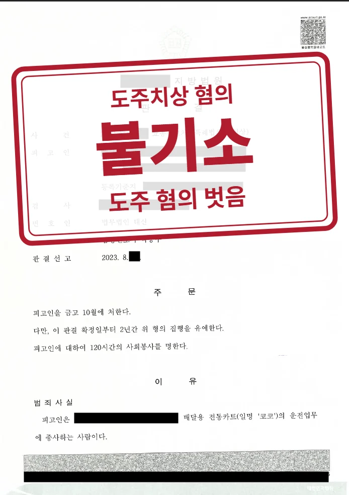 도주치상 불기소(혐의없음) / 치상 금고 10월·집행유예 2년 결정문(개인정보 가림 처리)