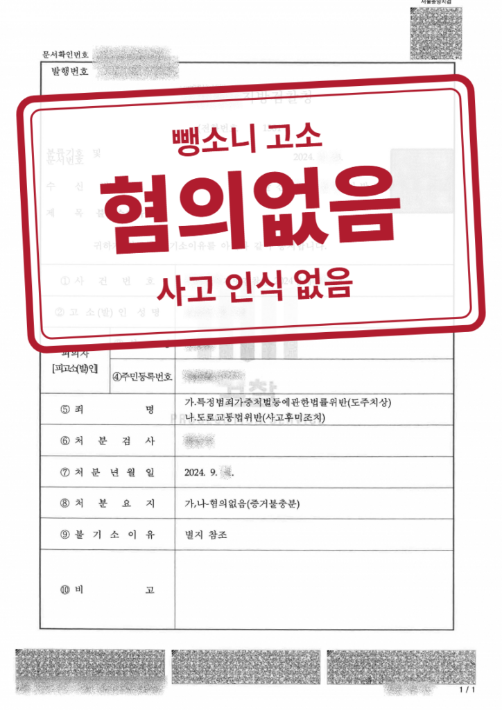 혐의없음(불기소) 결정문(개인정보 가림 처리)