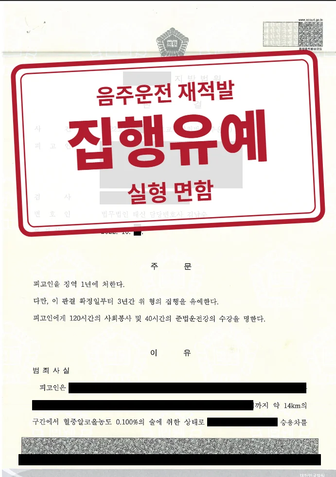 징역 1년·집행유예 3년 결정문(개인정보 가림 처리)