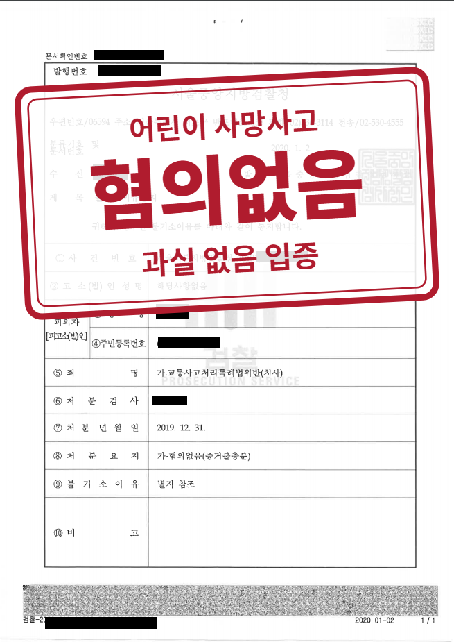 혐의없음(증거불충분) 결정문(개인정보 가림 처리)