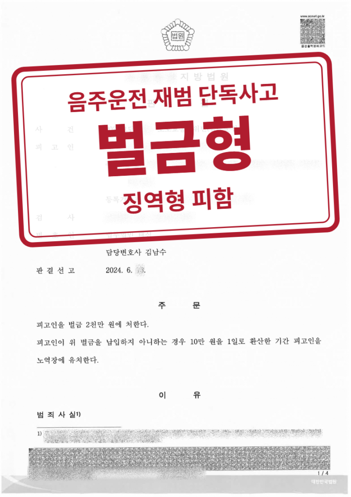 벌금 2,000만 원 결정문(개인정보 가림 처리)