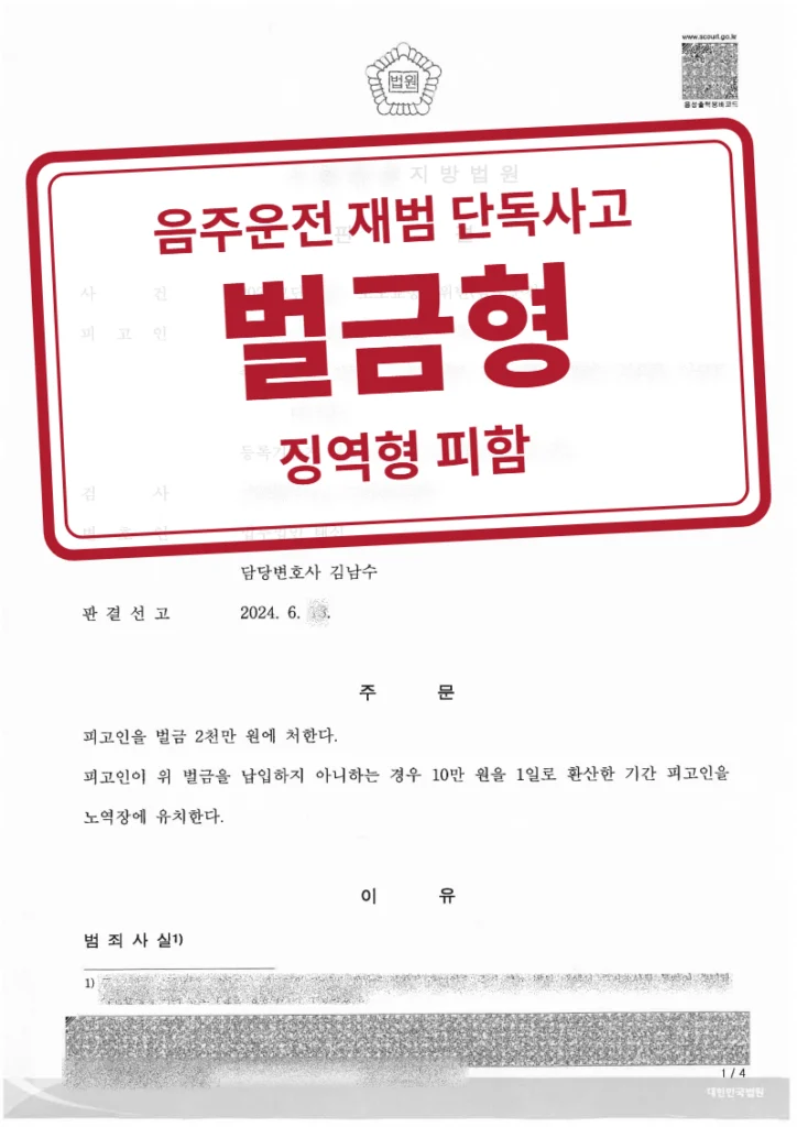 벌금 2,000만 원 결정문(개인정보 가림 처리)