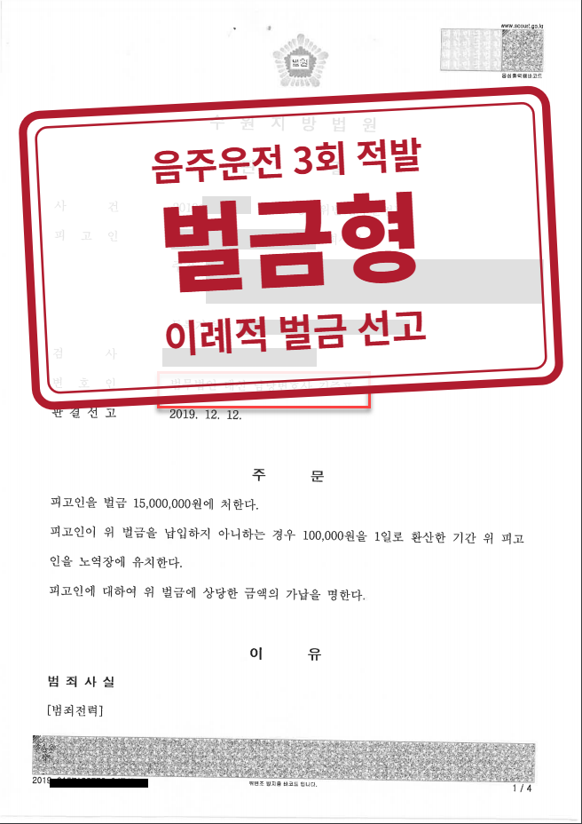 벌금 1,500만 원 결정문(개인정보 가림 처리)