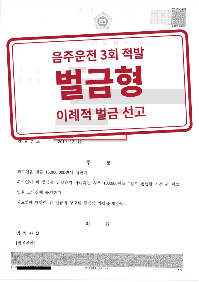 벌금 1,500만 원 결정문(개인정보 가림 처리)
