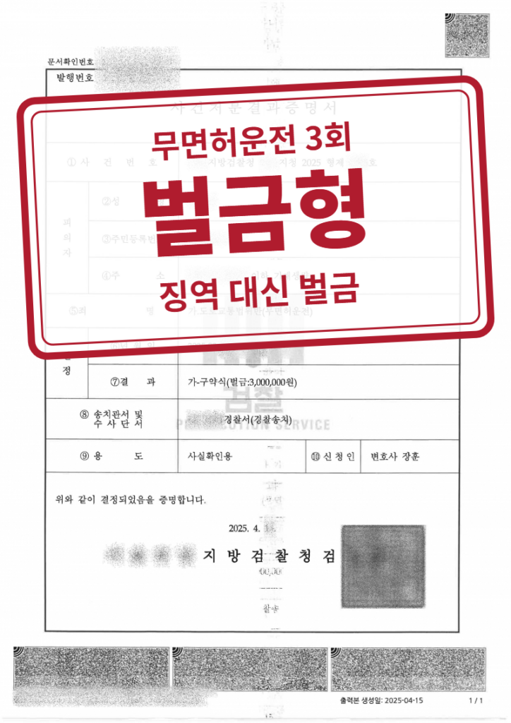 벌금 300만 원 결정문(개인정보 가림 처리)