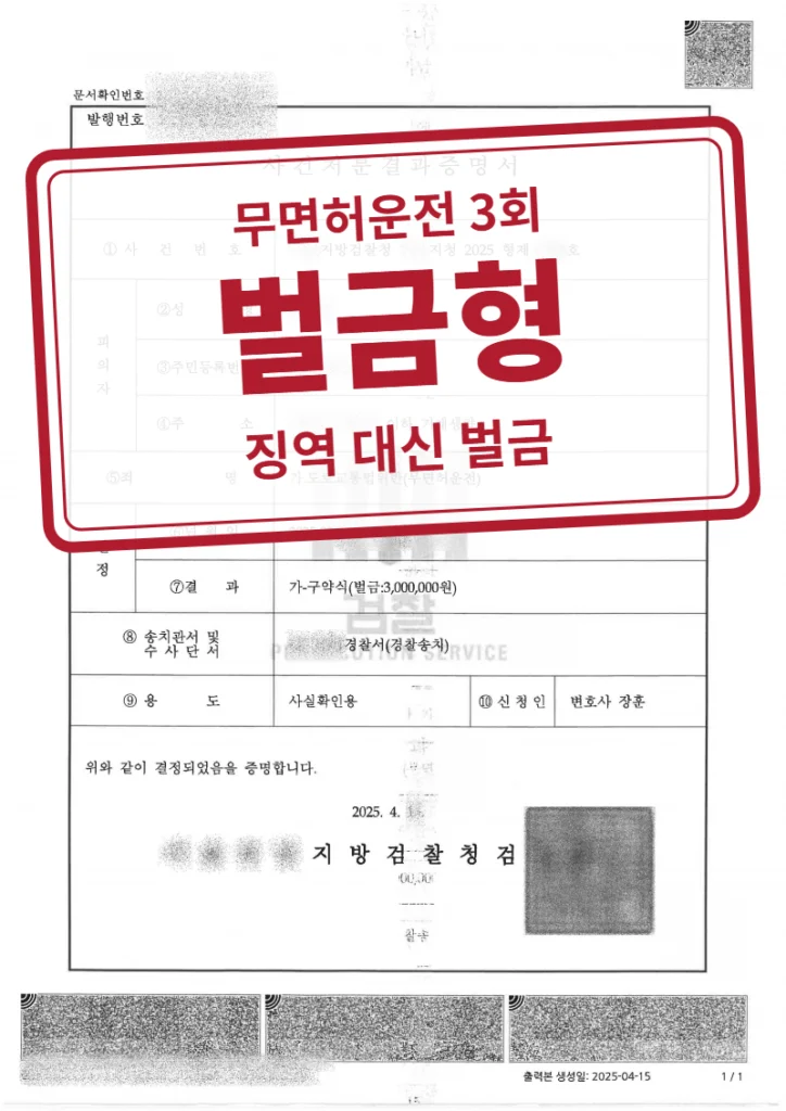 벌금 300만 원 결정문(개인정보 가림 처리)