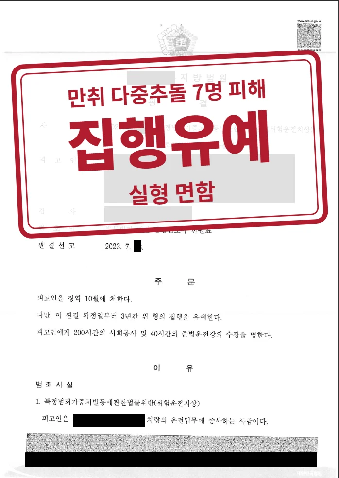 징역 10월·집행유예 3년 결정문(개인정보 가림 처리)